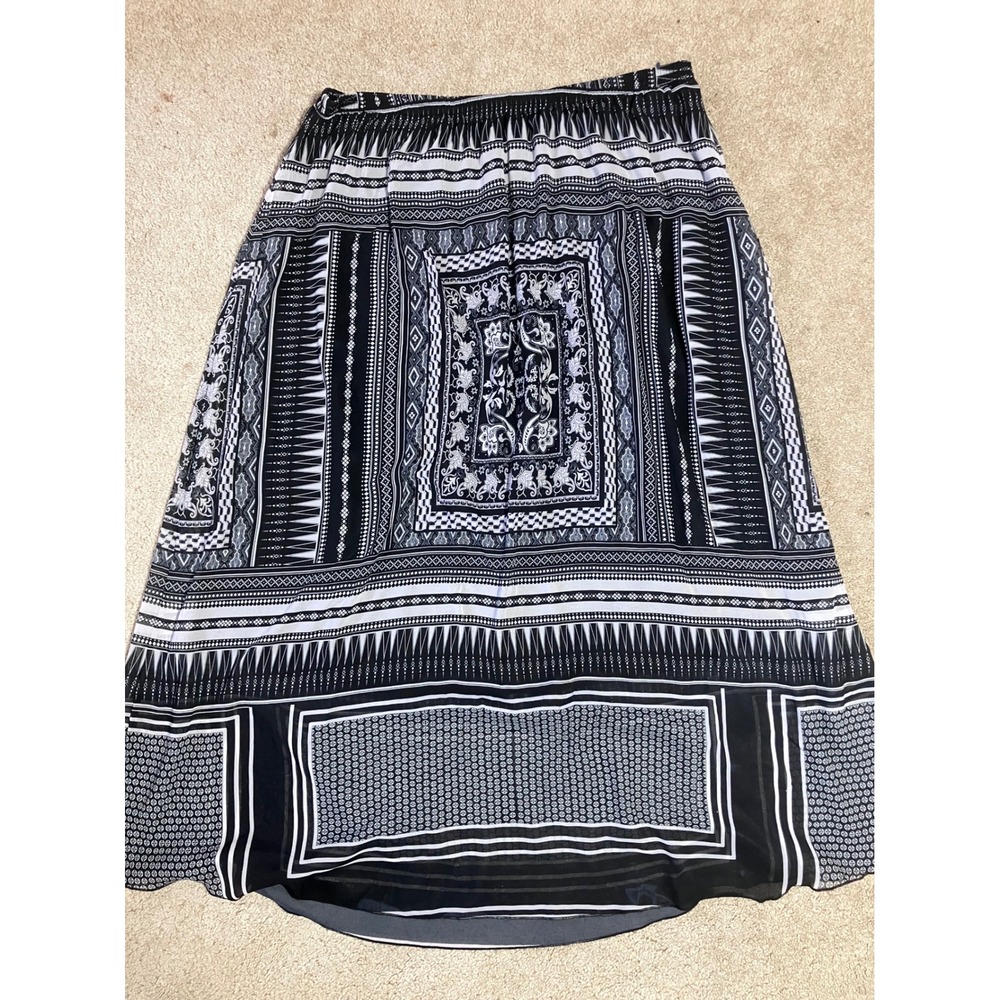 One World Black White Geometric Scarf Print Elastic Waist Maxi Skirt Womens 1X